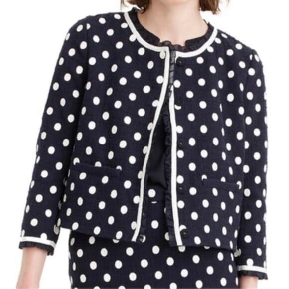 NWT J. CREW BLAZER JACKET POLKA DOT NAVY BLUE WHITE TEXTURED TWEED RUFFLE G3728 - Picture 2 of 16
